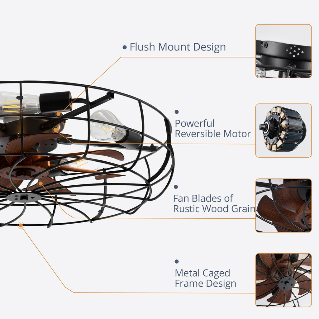 26" Caged Farmhouse Ceiling Fans with Lights and Remote/App, Black