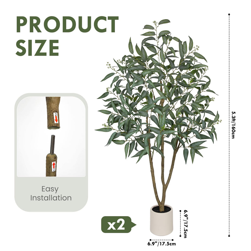 Eucalyptus Trees Artificial Indoor - 2PCS 5FT Tall Faux Eucalyptus Plants in White Planter, Fake Plant Décor for