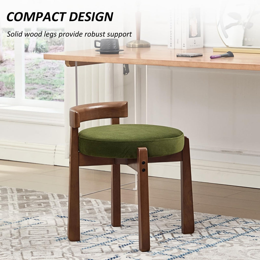 Wood Vanity Chair with Back Set of 2, Velvet Upholstered Small Ottoman Footstool, Mid-Century Modern Makeup Chair