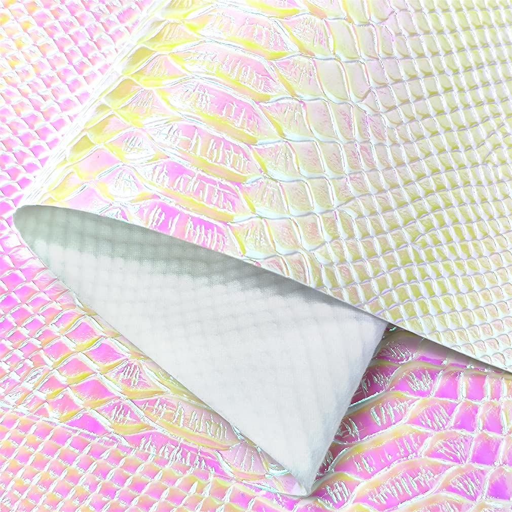 30x135cm Holographic Crocodile Skin Vinyl, Iridescent White Alligator Faux Leather, Embossed Metallic Craft Fabric