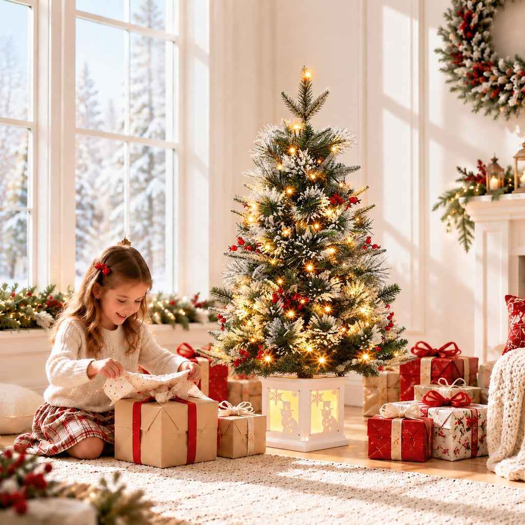 Holiday Ready 3 ft Pre-Lit Artificial Christmas Tree, Snow-Flocked Pine with Red Berries, Timer Function and Led