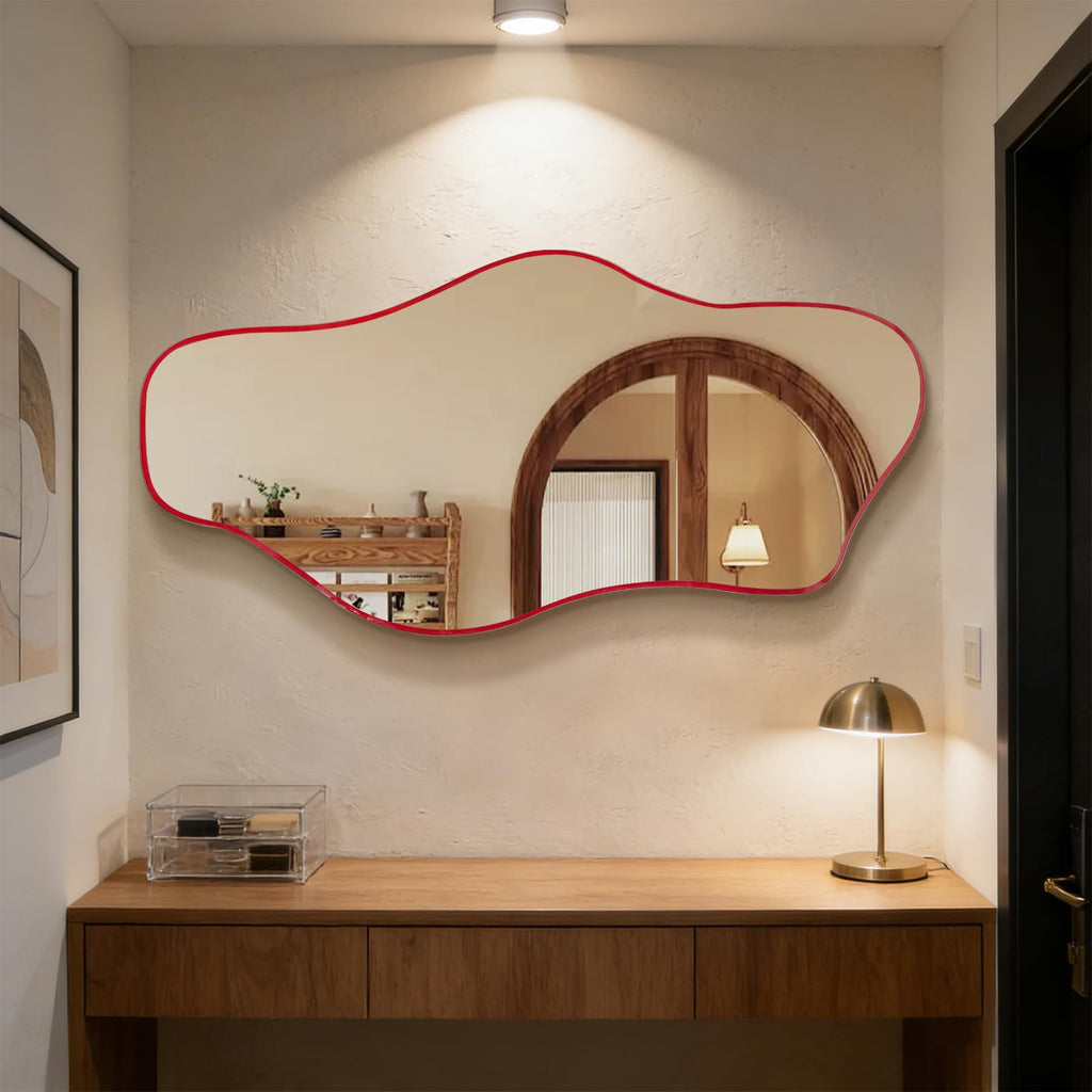 47"x24" Irregular Wall Mirror, Red Asymmetrical Frameless Mirror