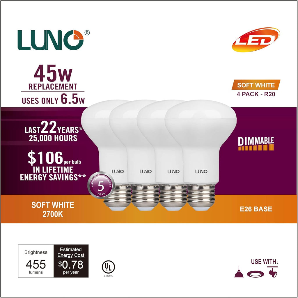 R20 Dimmable LED Bulb, 6.5W (45W Equivalent), 455 Lumens, 2700K (Soft White), Medium Base (E26), UL Listed (4-Pack)