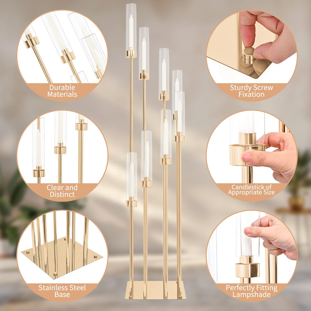 2 Sets Gold 6 Arm Floor Candelabra, 36 Inch Candlestick Holders