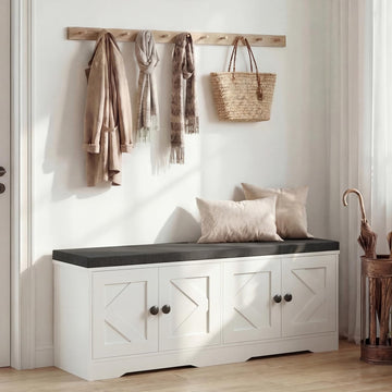 Storage Bench with Seat Cushion, 2 Tier Entryway Bench with 4 Barn Doors, Adjustable Shelves, 47.36" Shoe Bench