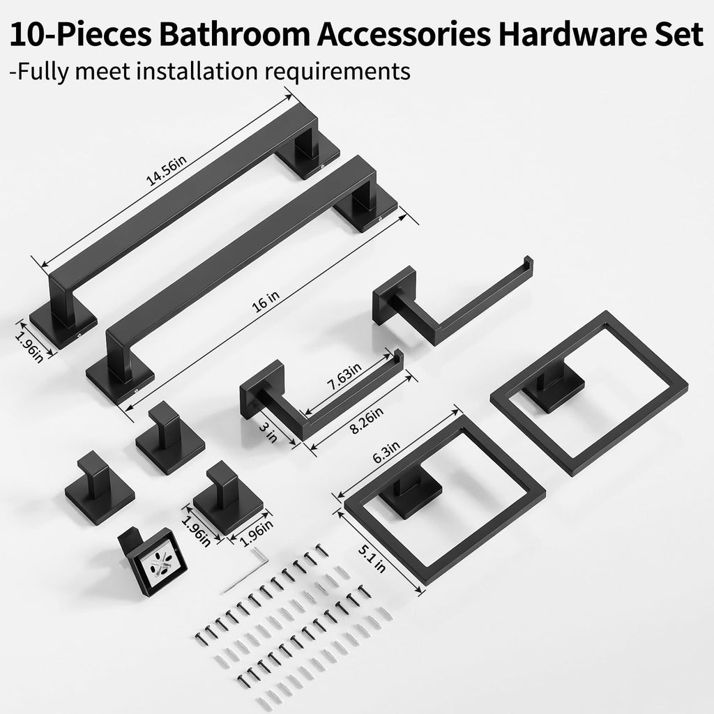 Bathroom Accessories Set Wall Mounted, 10-Piece 16In Matte Black
