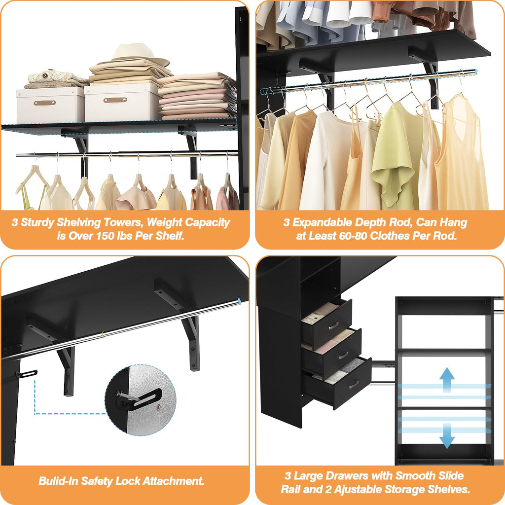 8FT Closet System, 96'' Closet Organizer System with 3 Hanging Rods, Wall Mount Bedroom Wardrobe with 3 Drawers