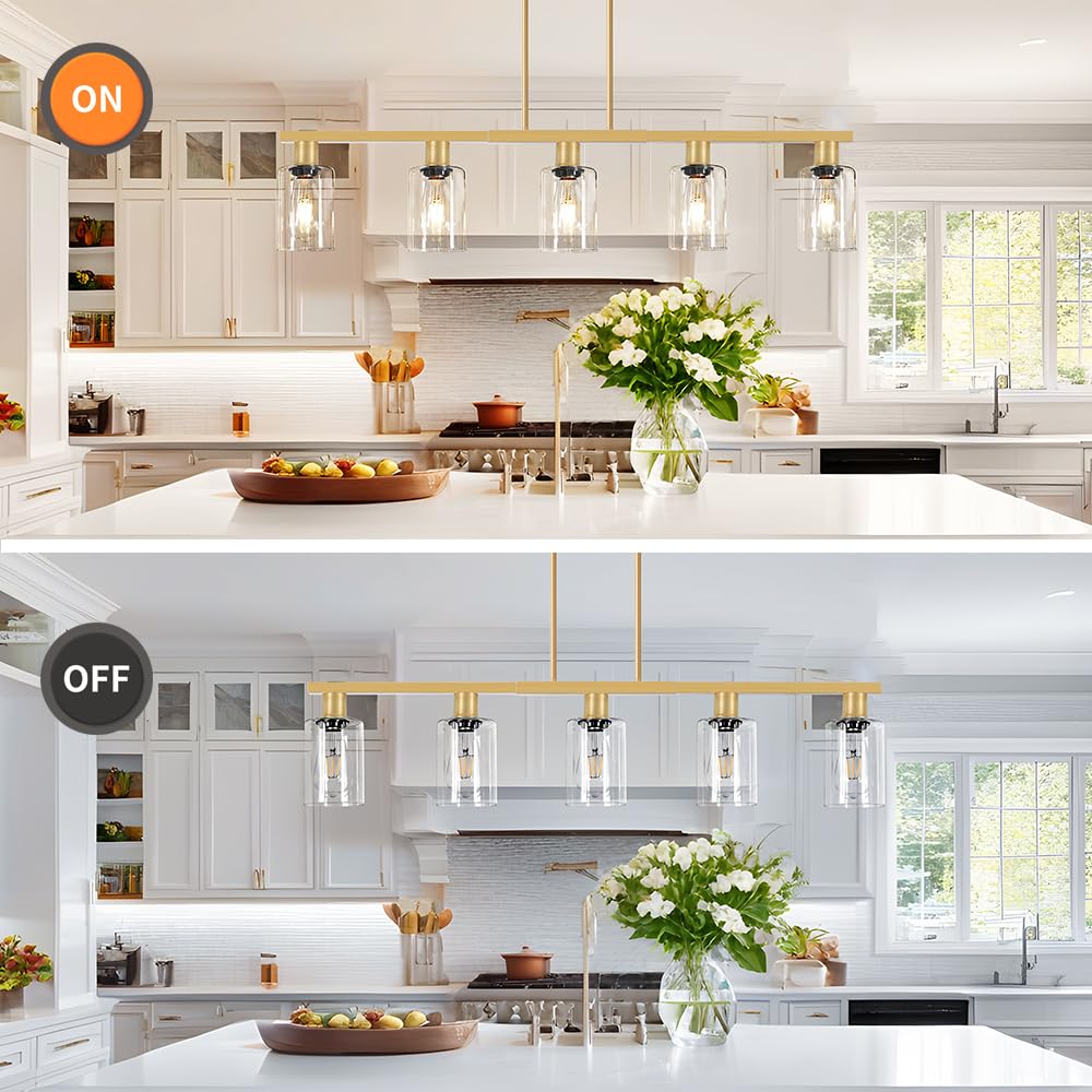 5-Light Kitchen Island Lighting Gold Adjustable Chandelier, Farmhouse Dining Room Light Fixtures Over Table, Height