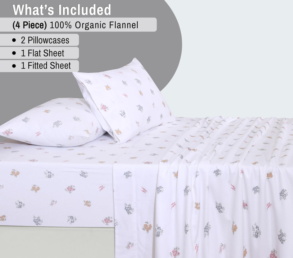 100% Organic Cotton Flannel Sheets Queen Size Bed Set, Floral