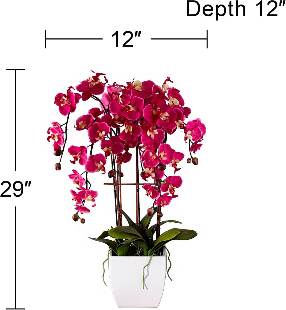 Potted Silk Faux Artificial Flowers Arrangements Realistic Purple Fuchsia Orchid in White Ceramic Pot for Cottage