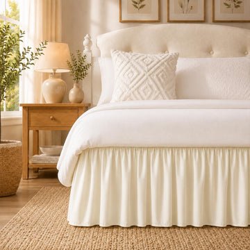 Cream Bed Skirt Wrap Around Elastic Dust Ruffles Solid Color Wrinkle and Fade Resistant with Adjustable Elastic Belt