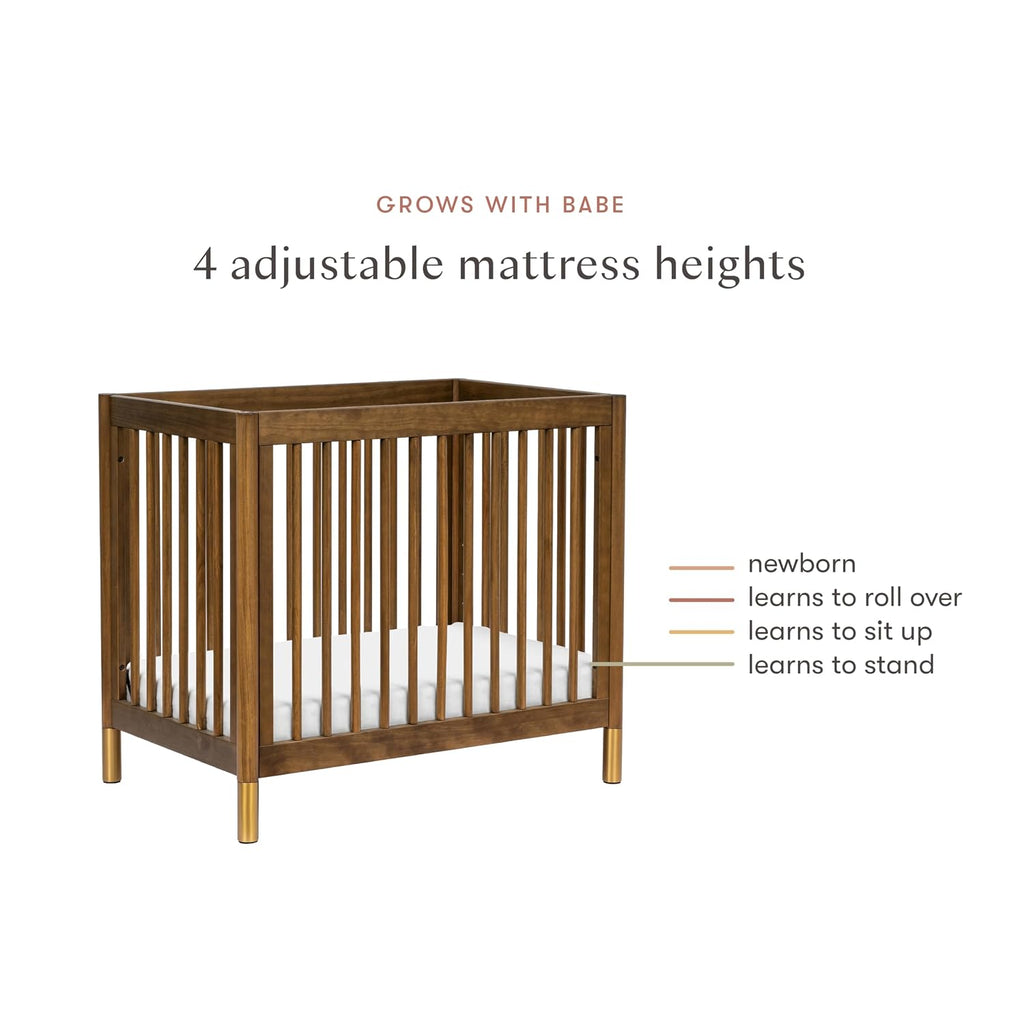 Gelato 4-in-1 Mini Crib, Natural Walnut and Brushed Gold Feet | GREENGUARD Gold Certified, Converts to Toddler Bed
