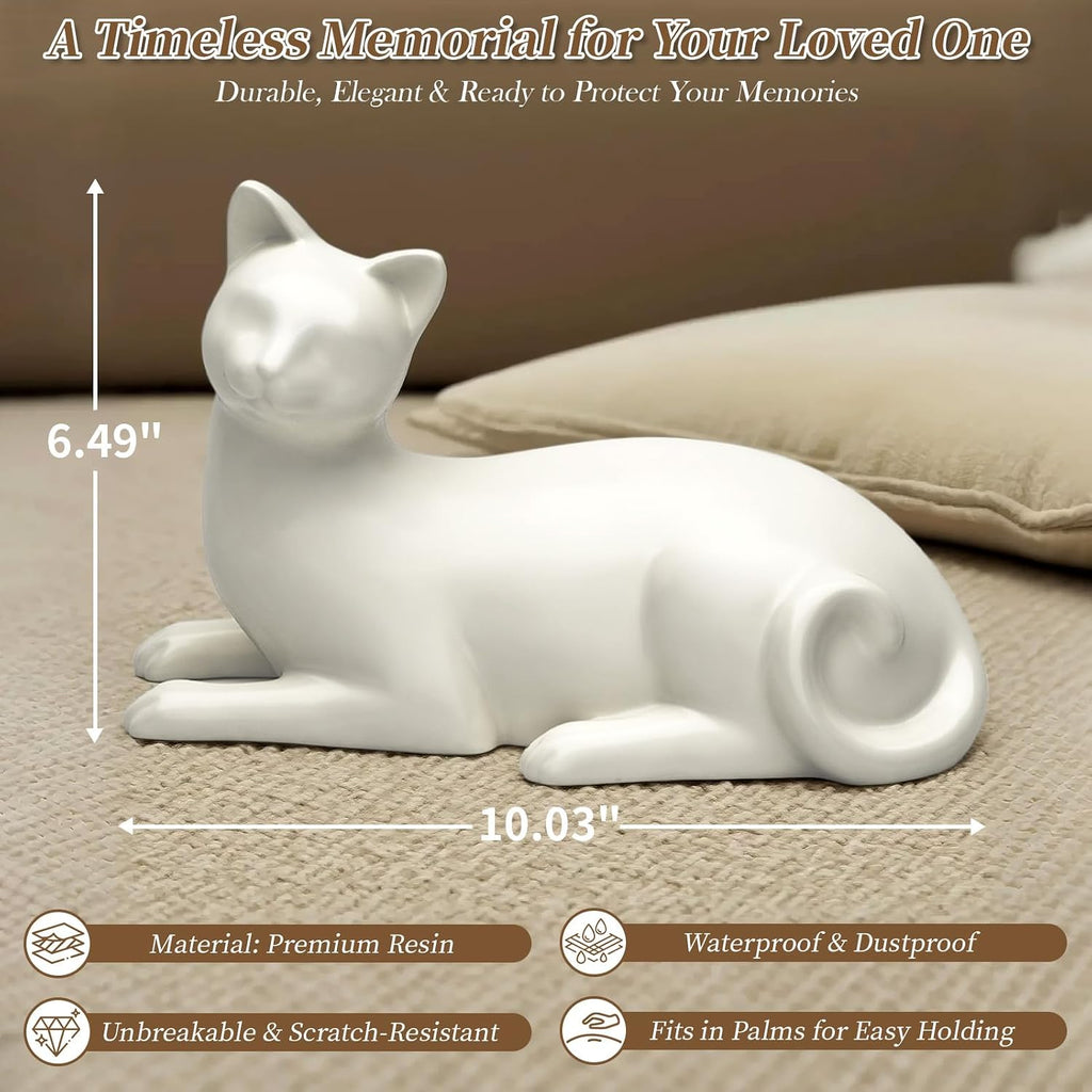 Lying Cat Urns for Ashes White Ceramic Pet Memorial Cremation, White