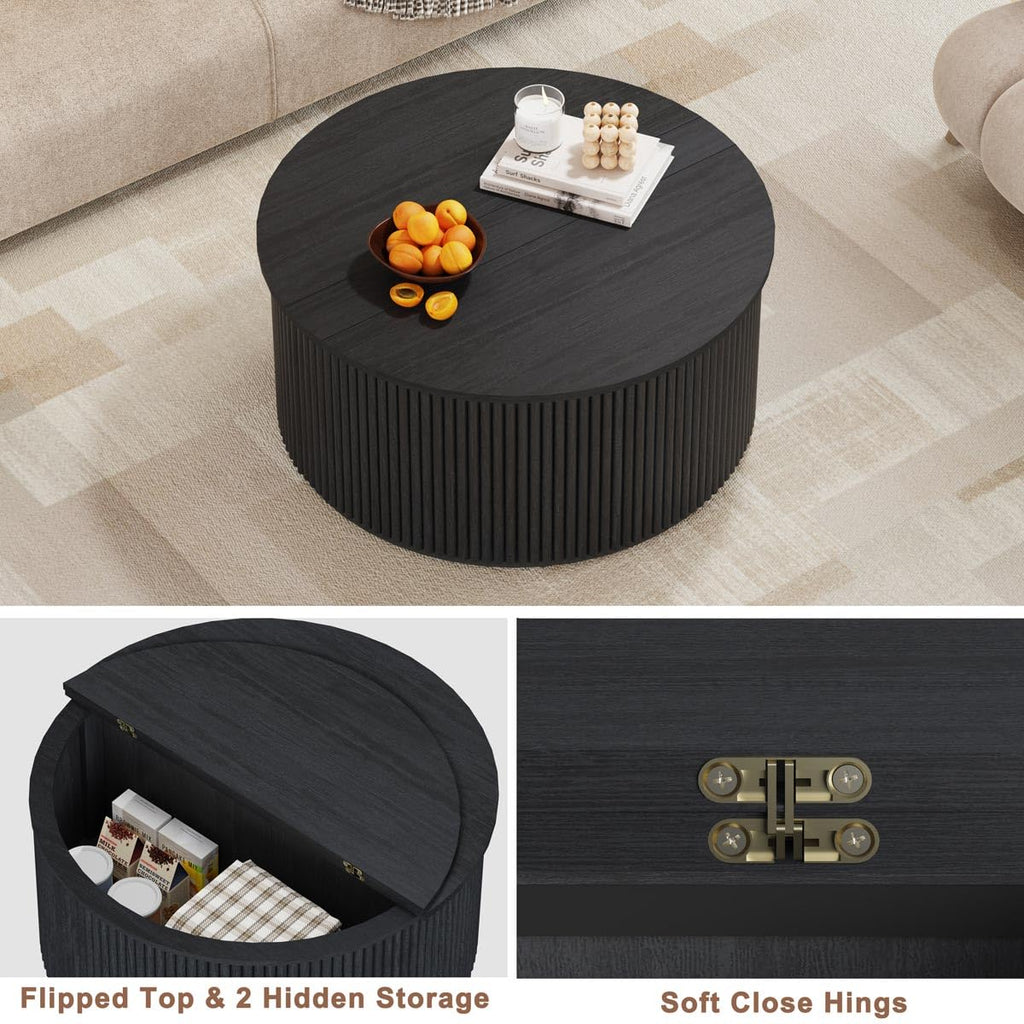 Round, Fluted Wooden Center Table, Circular Mid-Century Modern Coffee Tables for Small Space, Living Room, Bedroom