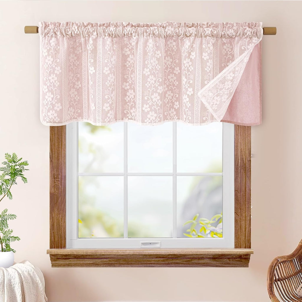 Linen Valances for Windows Farmhouse, Double Layers Kitchen Curtains with Linen and Lace, Rustic Valance Curtains for