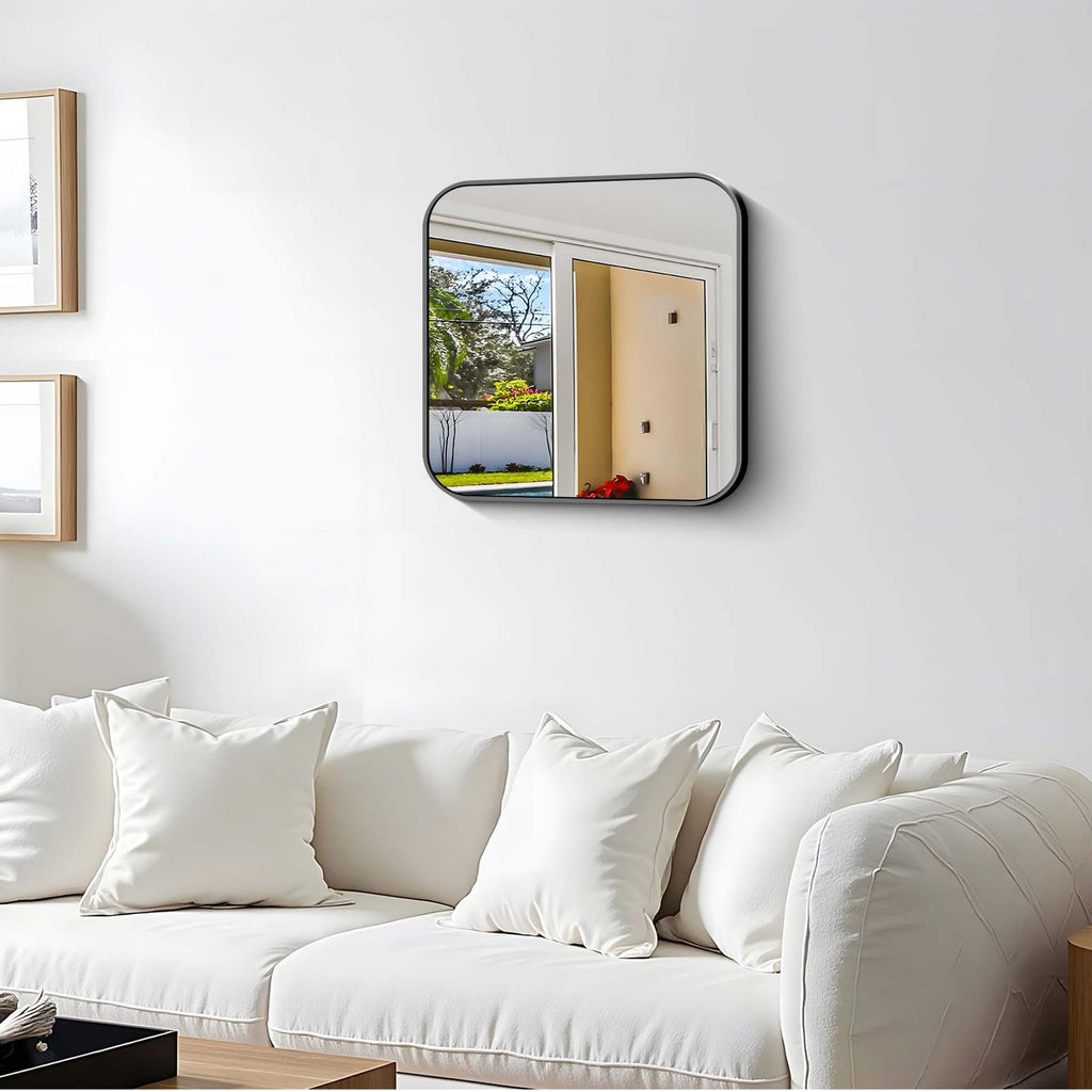 Black Bathroom Mirror, 18 x 18 inch Square Mirrors for Wall, Metal Frame Rounded Corner Vanity Mirror for Over Sinks