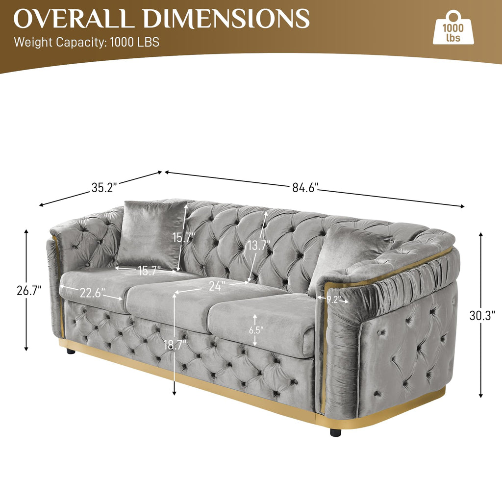 84.6" Chesterfield Sofa with Tufted Back and Gold Accents, Grey