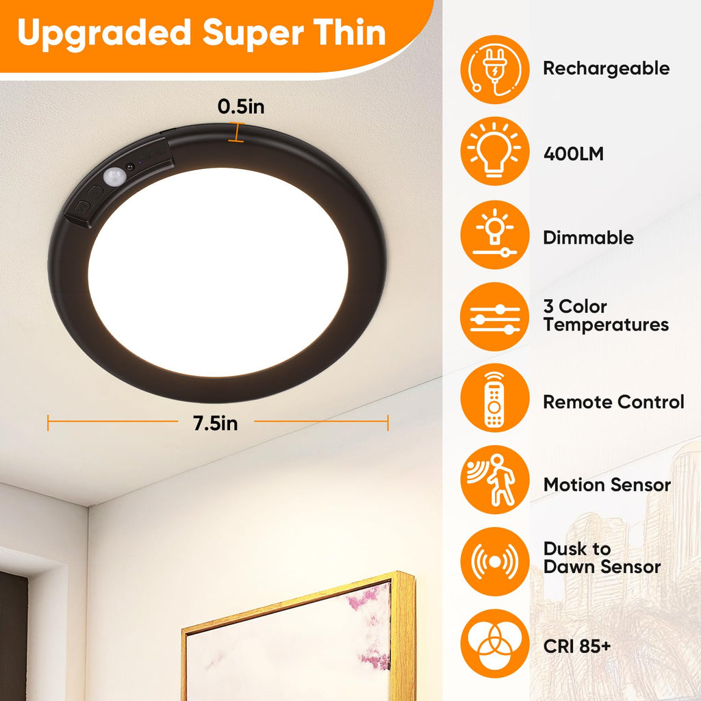 Rechargeable Motion Sensor Ceiling Light, Battery Operated Closet Light