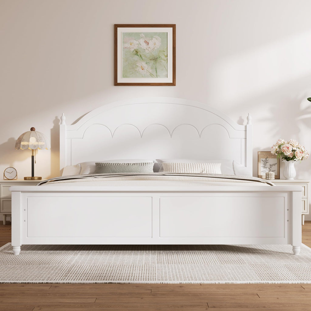 Wooden Bed Frames with White Headboard, Japanese Pine Wood Platform Bed, Rustic & Mid-Century Modern