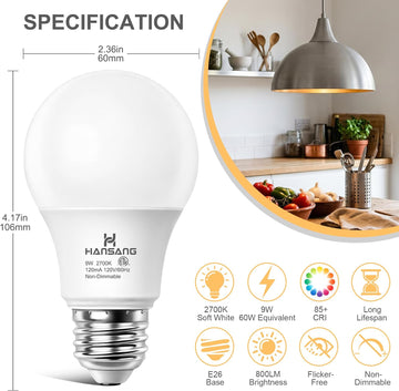 A19 LED Light Bulbs 2700K Soft White E26 Base 60 Watt Equivalent