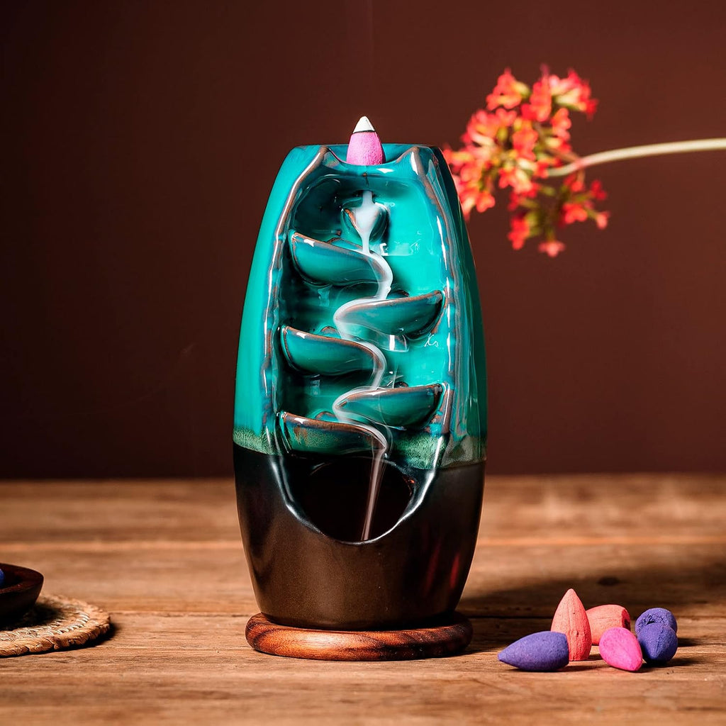 Ceramic Incense Burner with 100 Upgraded Cones, Waterfall Backflow Incense Holder, Aromatherapy Ornament, Zen Decor - Set of 121