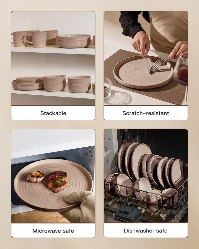 Stoneware Dinnerware Sets for 4, Plates and Bowls, Brown