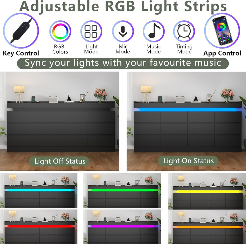 12 Drawer Dresser with Power Outlet, Modern Dresser with LED Light | Chest of Drawers for Closet, Double Wide Drawer