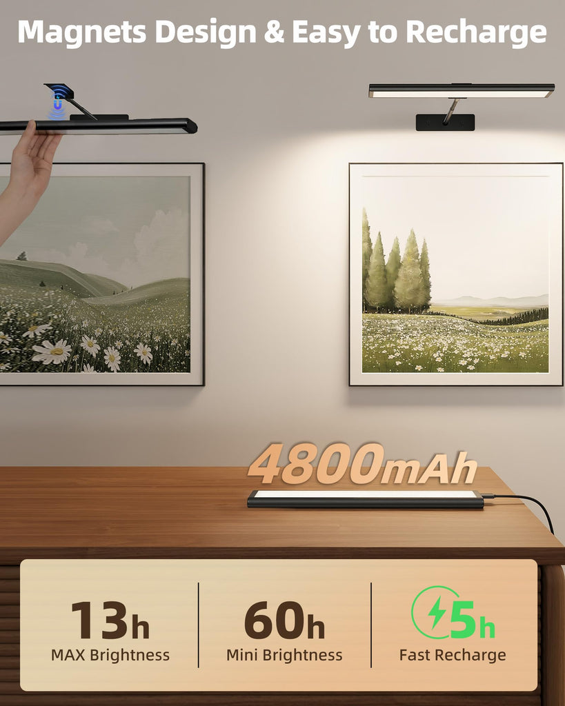 Picture Light for Wall, 4800mAh Rechargeable Wireless Black Lights for Painting, 16In Dimmable Magnetic LED RGB Art