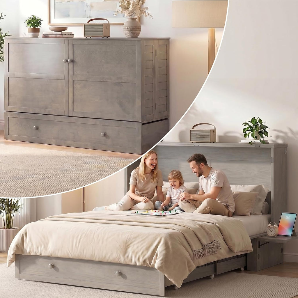 Queen Murphy Bed Cabinet with Tri-fold Mattress, Cabinet Bed with Built-in Charging Station, Storage Drawer, Solid