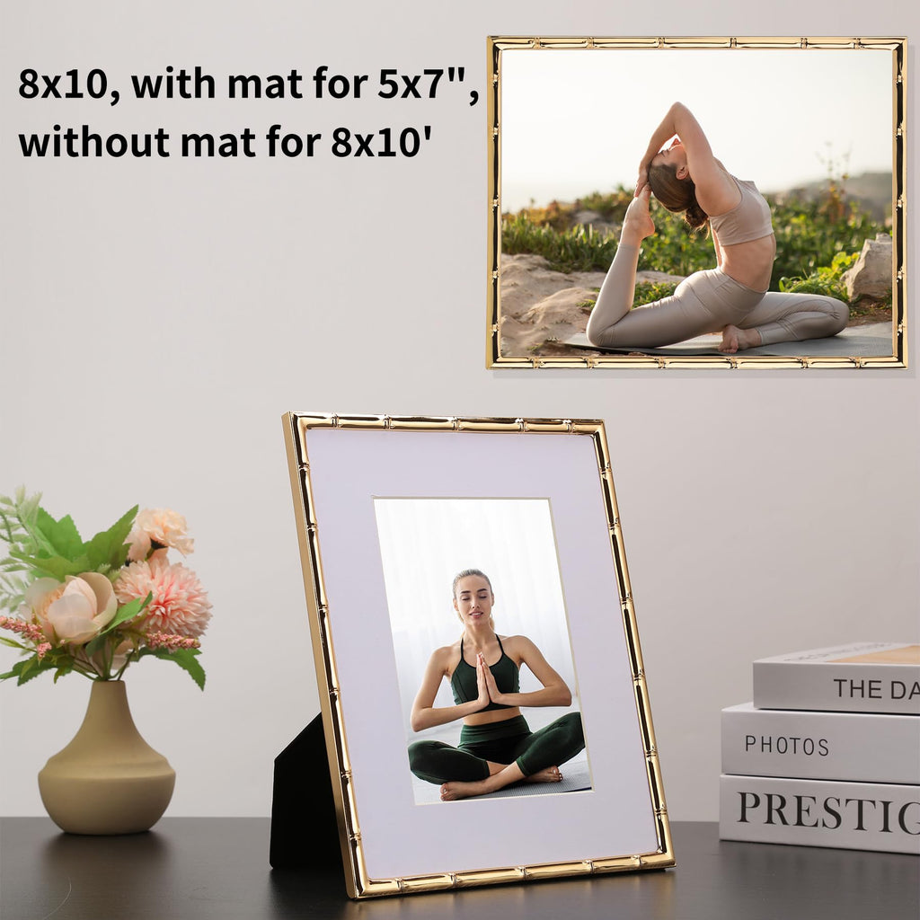 8x10'' Bamboo Detail Gold Metal Picture Frame with Acid Free Mat for 5x7'' Set of 2, Narrow Gold Plated Photo Frames 5