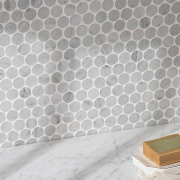White Marble Mosaic Tile,1 Inch Penny Round, Polished, 5 Sheets
