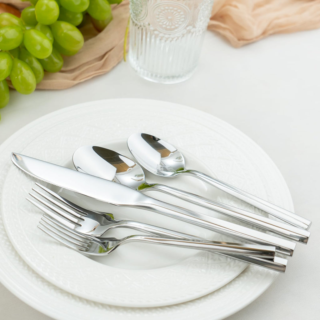 Hexagon 40-Piece Forged Silverware Set Stainless Steel Flatware Set Cutlery Set, Service for 8, Mirror