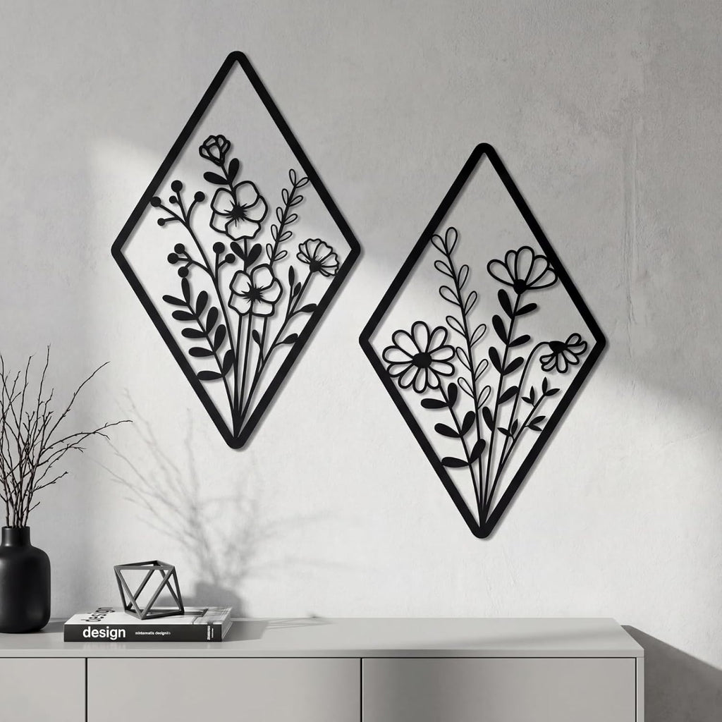 Metal Wall Art, Metal Flower Wall Decor, Black - Set of 2
