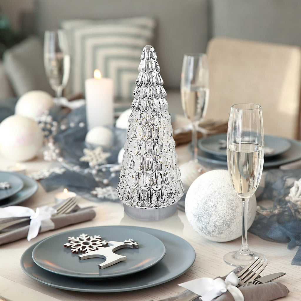 Silver Tabletop Christmas Tree 3pcs, Small Mercury Glass Christmas Trees with Light, Battery Operated Mini Xmas Tree