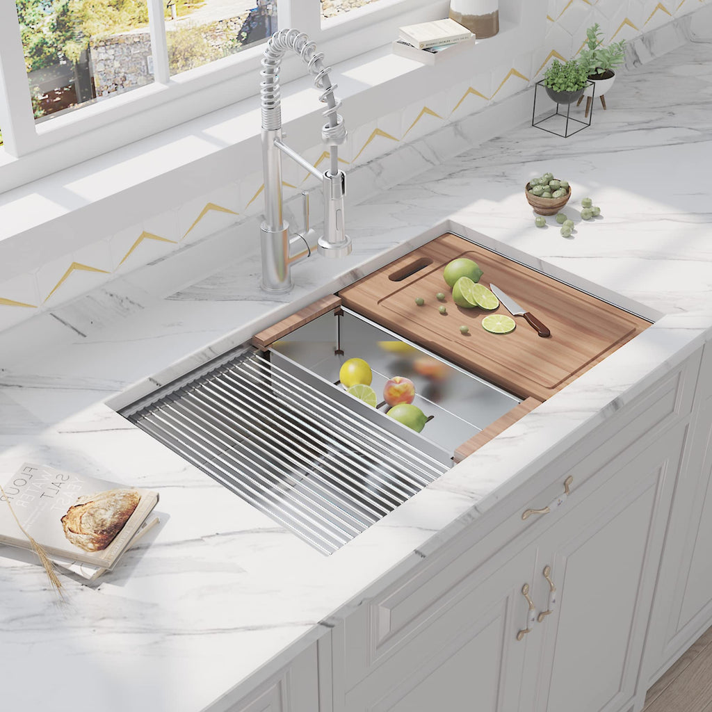 30 inch Undermount Workstation Sink, Stainless Steel Undermount Kitchen Sink 18 Gauge, Handmade Modern Single Bowl