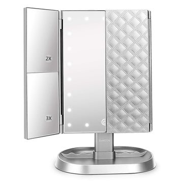 Trifold Lighted Vanity Makeup Mirror with 21 LED Lights,1/2/3 Magnification and Dimming,Two Power Supplies Makeup