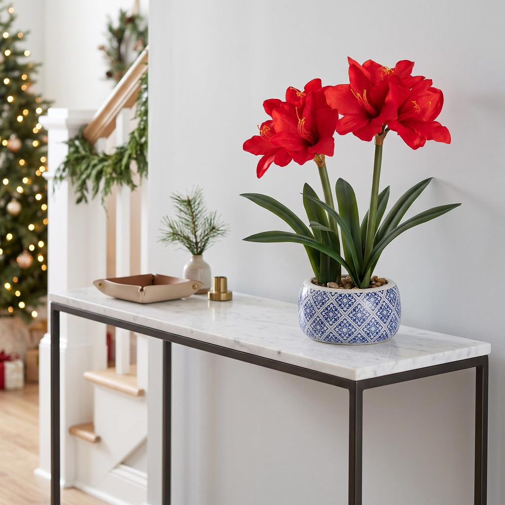 Red Artificial Amaryllis in Blue and White Ceramic Pot, 18.5 in