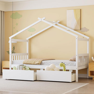Twin Size House Bed with 2 Storage Drawers Wooden Kids Montessori House Bed Frame Wood Playhouse Tent Bed for Girls