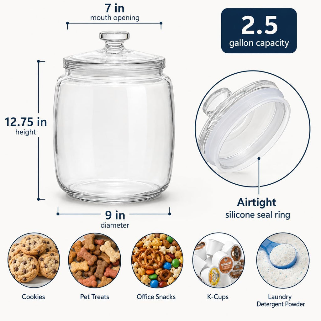 2.5 Gallon Extra Large Glass Cookie Jar with Airtight Lid - XL Clear Storage Container for Bulk Cookies, Candy