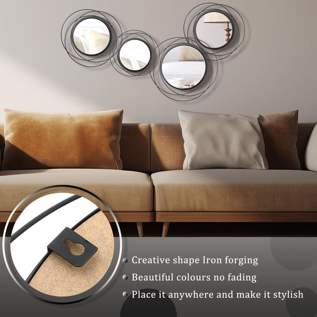 4 Pcs Decorative Round Modern Circle Mirror Wall Art Ring Metal Mirror Wall Mounted (Black)