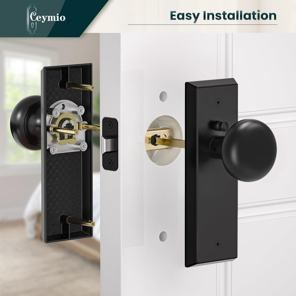 Matte Black Privacy Door Knob with Lock - Bedroom & Bathroom Door Handle Set, Antique Brass Finish Vintage Design
