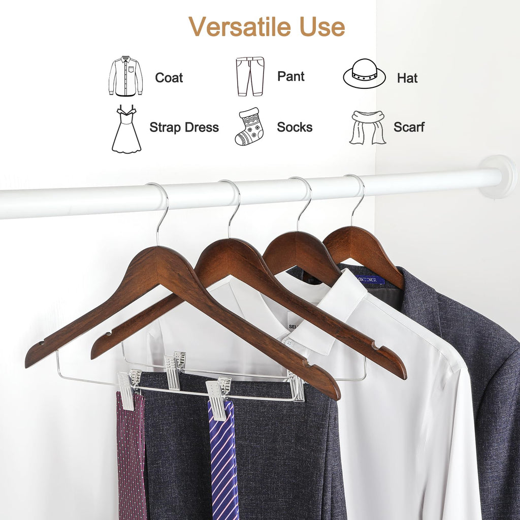 Wooden Suit Hangers with Adjustable Metal Clips (20 Pack), Solid Wood Clothes Hangers, 360° Swivel Hook, Premium