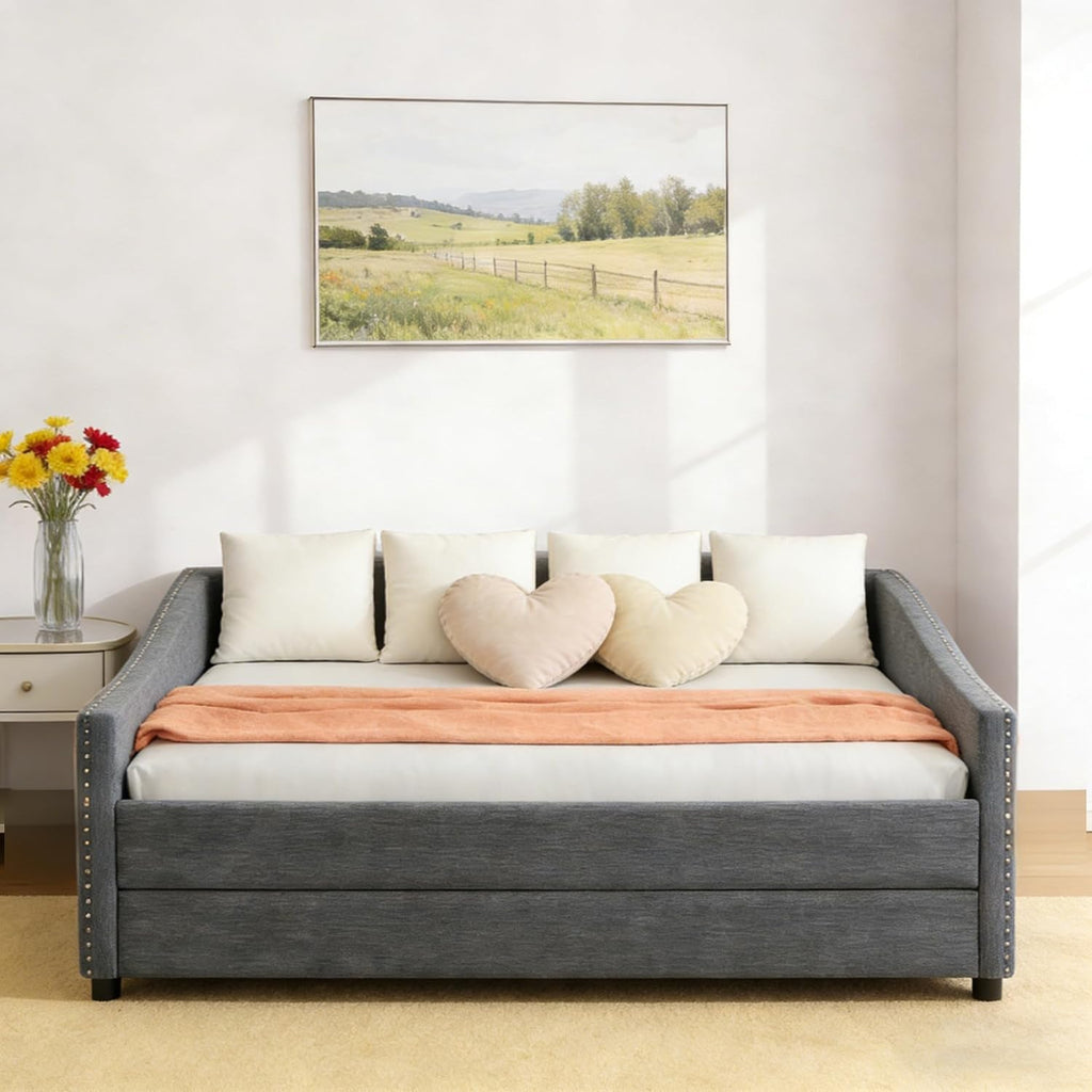 Full Size Daybed with Trundle, USB Port & Side Storage Bag | Linen Fabric, Button Tufted Back, Waved Piping