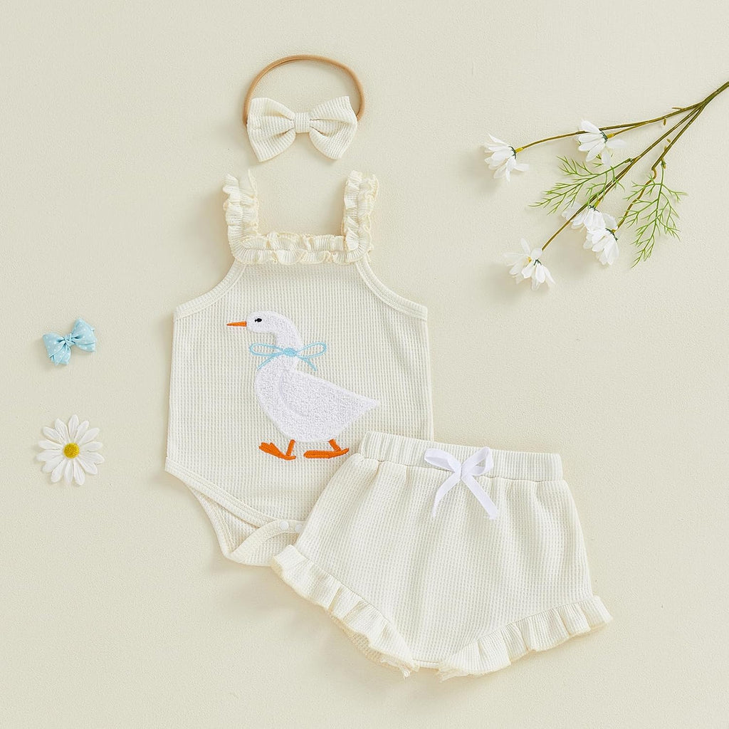 Newborn Baby Girl Clothes Silly Goose Outfit Waffle Knit Sleeveless Romper Ruffle Shorts Set Spring Summer Clothes