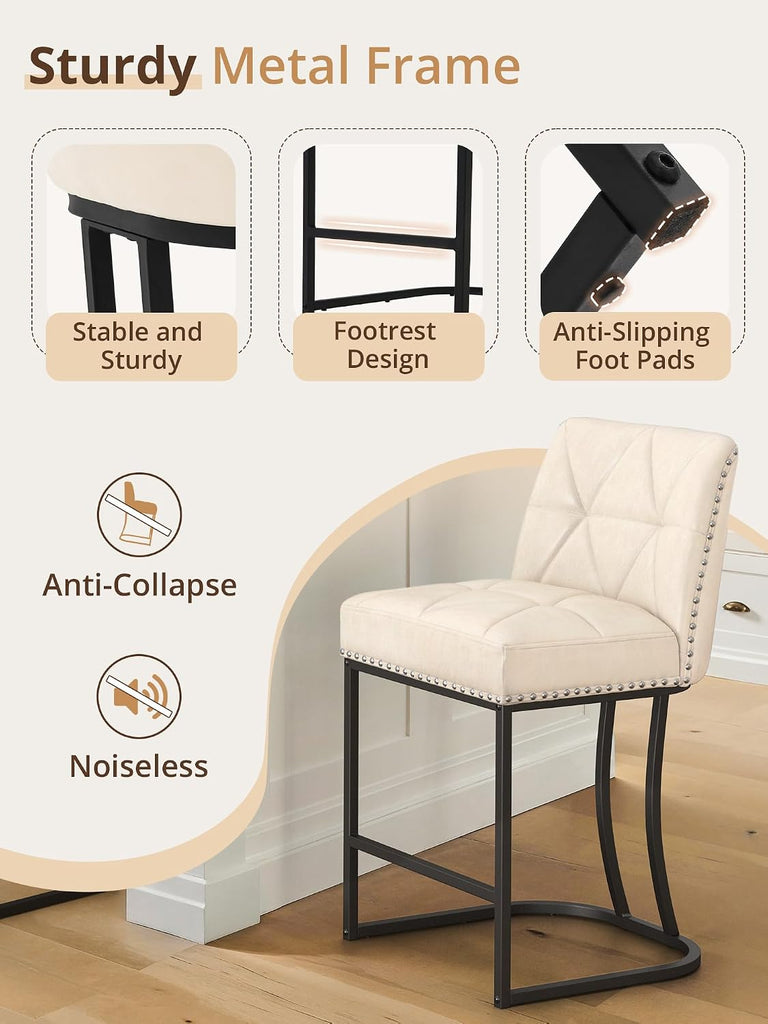 24" Bar Stools Set, Counter Height Bar Stools with 5.5" Thick Cushion, Upholstered Leather Barstools with Metal