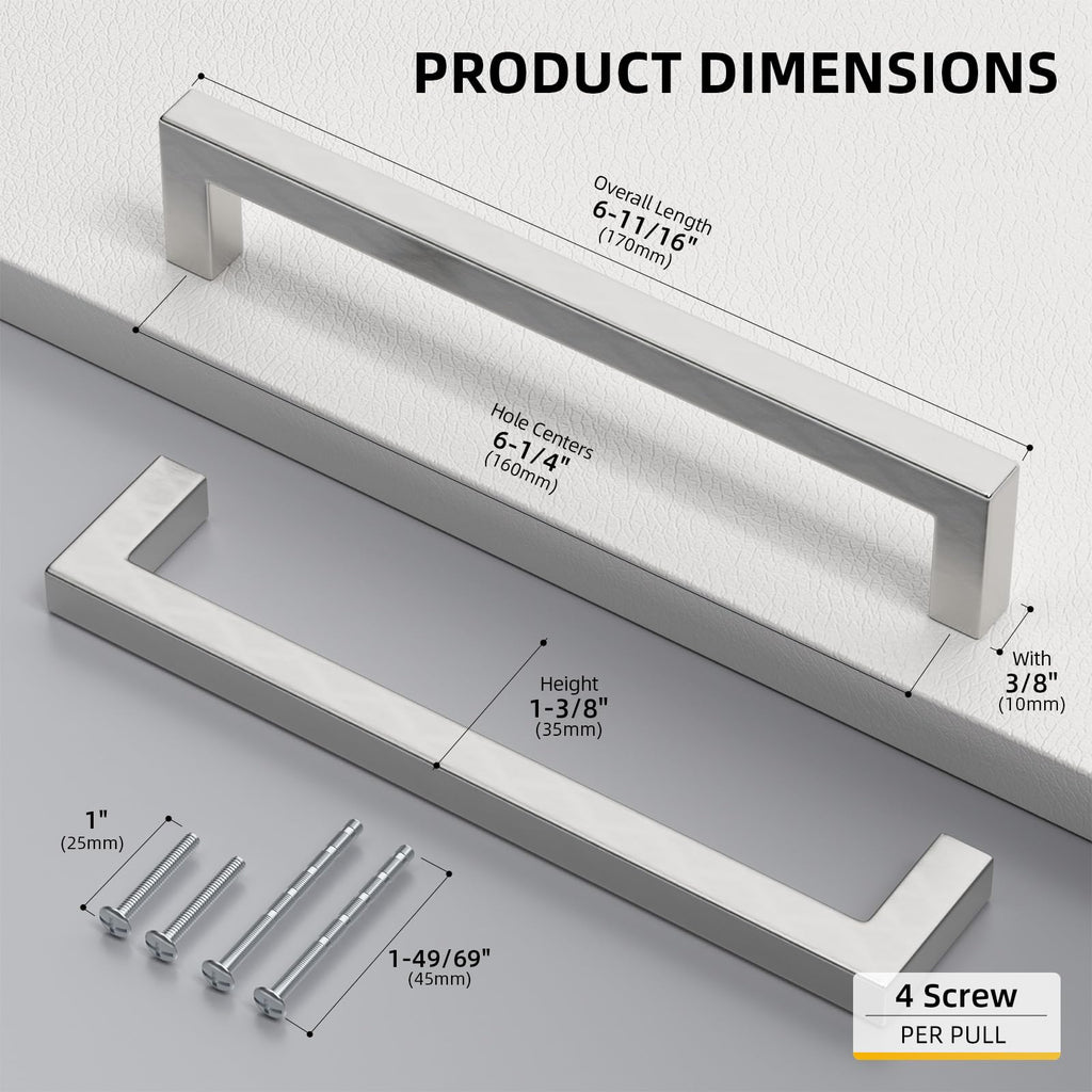 Brushed Nickel Cabinet Pulls 30 Pack 6-1/4 Inch, Square Drawer Handles, Stainless Steel, Screws Included, Silver