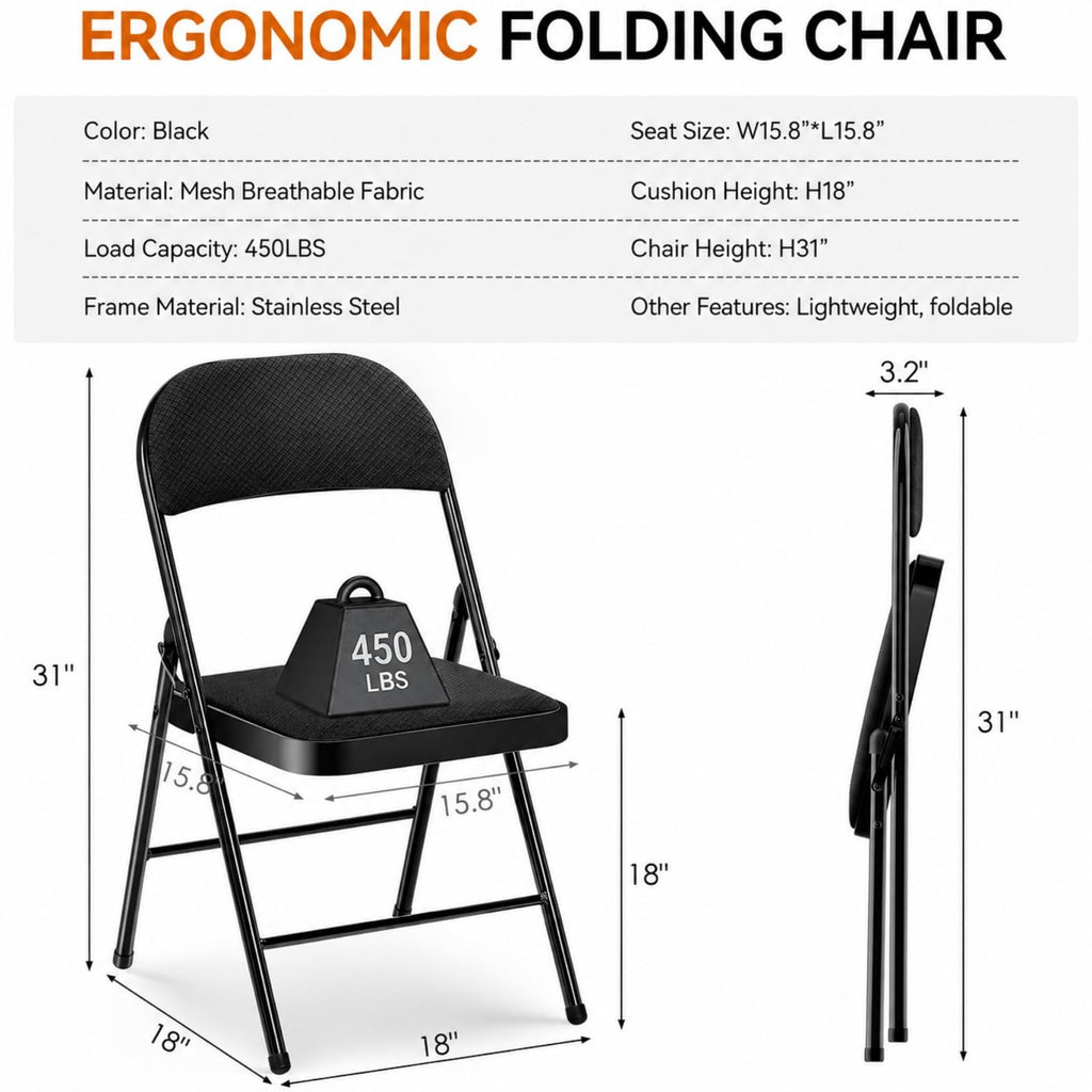 Padded Folding Chairs 10 Pack - Mesh Fabrics Steel Frame, Black
