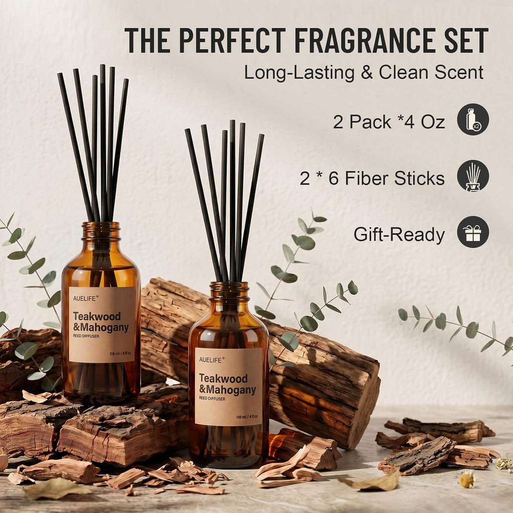 Reed Diffuser Set, Teakwood & Mahogany Scent Diffuser 2 Pack 8Fl Oz - Set of 2