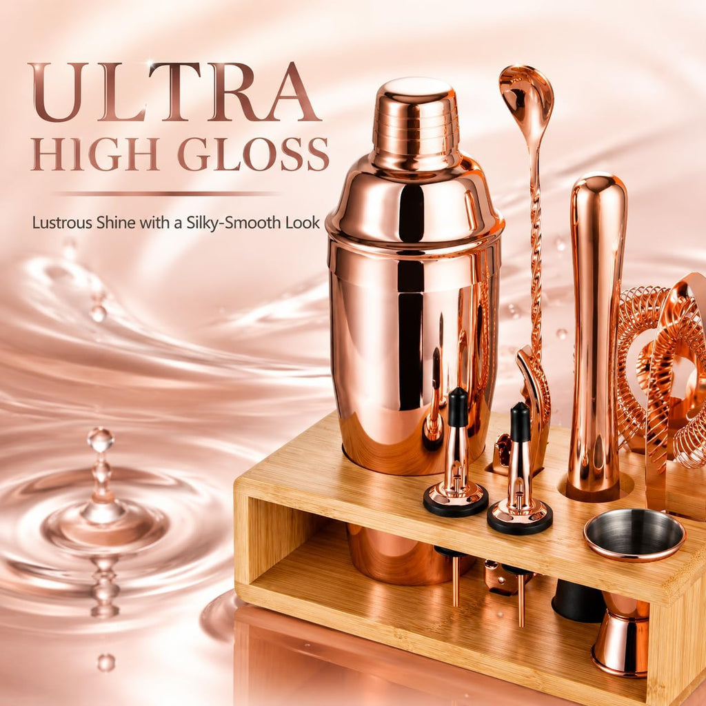 Rose Gold Cocktail Shaker Set, Premium 18/8 Stainless Steel Mixology Bartender Kit with Stylish Bamboo Stand 10-Piece - Set of 10