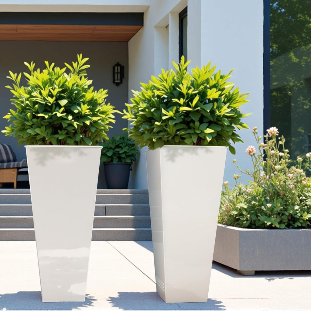 2 Pack 28" Tall Large Metal Planter, Tapered Steel Flower Pots with Insert Plate with Drain Holes & Air Vents for